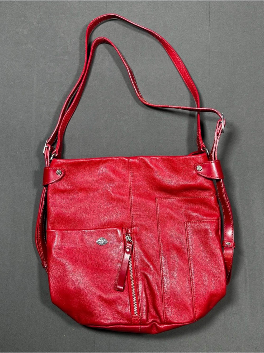 Women's Red Leather Shoulder Bag with Front Zip Pocket
